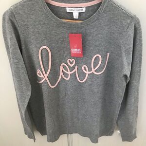 Celebrate together Gray Crewneck Sweater Love Cursive Appliqué NWT M